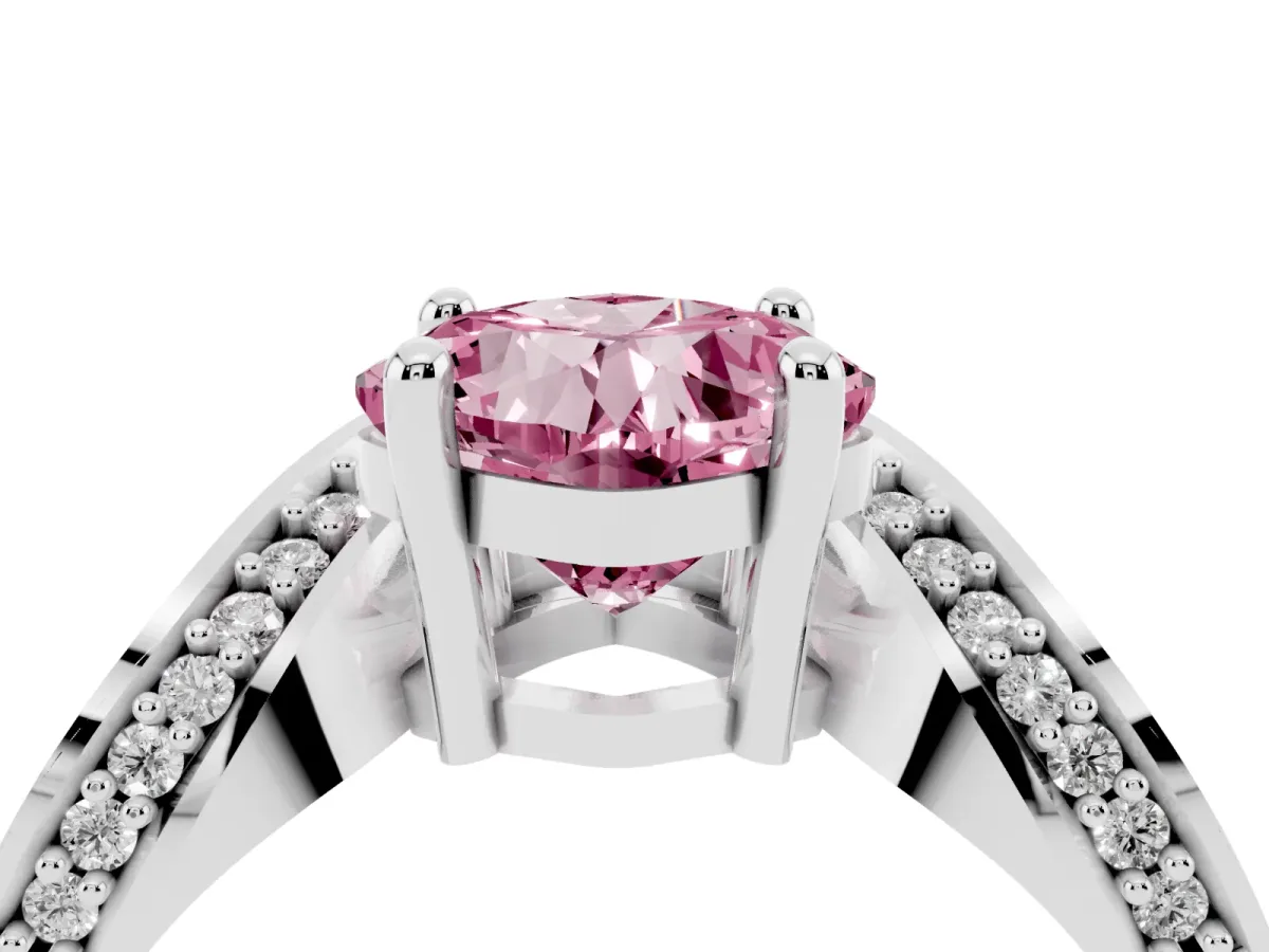 Fancy Pink Cushion Cut Solitaire Diamond Engagement Ring with Pave Band and Four-Prong Setting Silver