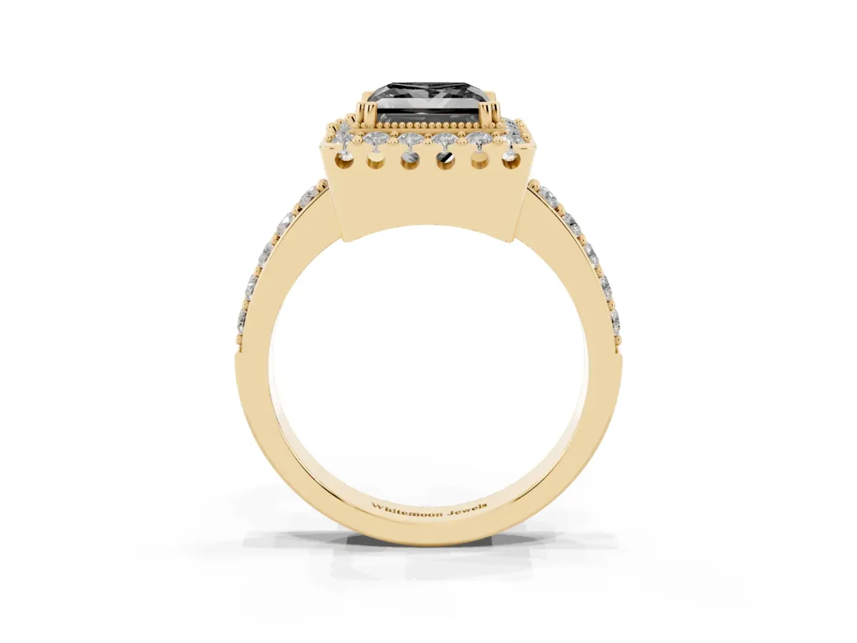 Fancy Black Princess Cut Diamond Halo Ring with Pavé Band and Prong Setting Yellow gold