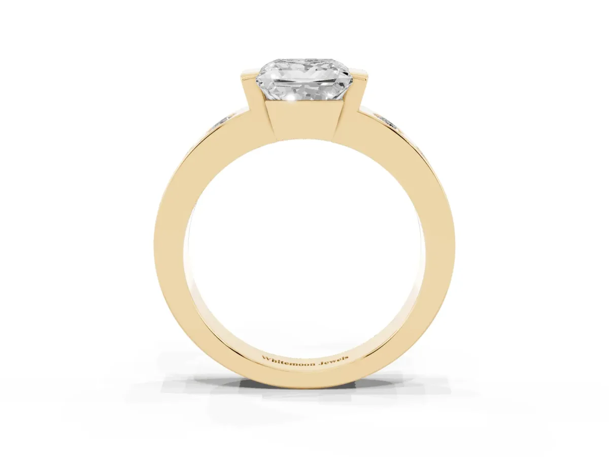 Princess Cut Brilliant Channel-Set Diamond Ring with Bezel Prong Setting Yellow gold