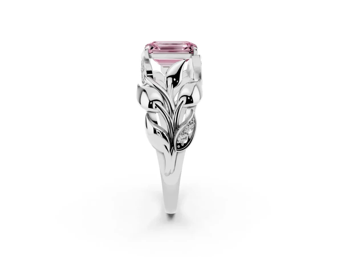 Fancy Pink Emerald Cut Diamond Leaf-Inspired Engagement Ring with Round Accents and Prong Setting Silver