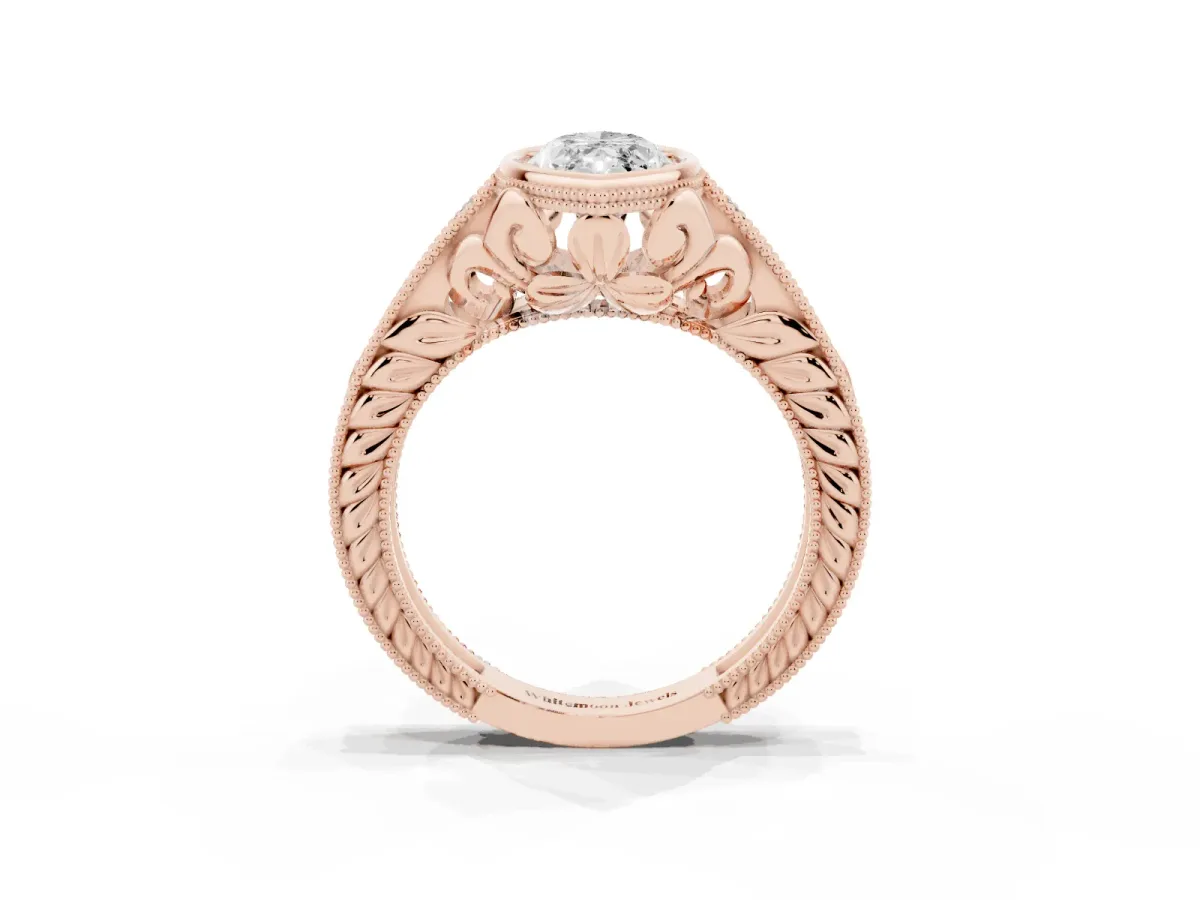 Bezel Set Marquise Cut Diamond Milgrain Pave Engagement Ring Rose gold
