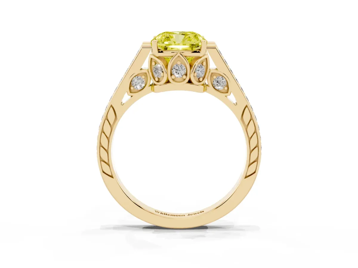 Fancy Yellow Cushion Cut Cut Cathedral Pave Diamond Engagement Ring with Six-Prong Setting Yellow gold