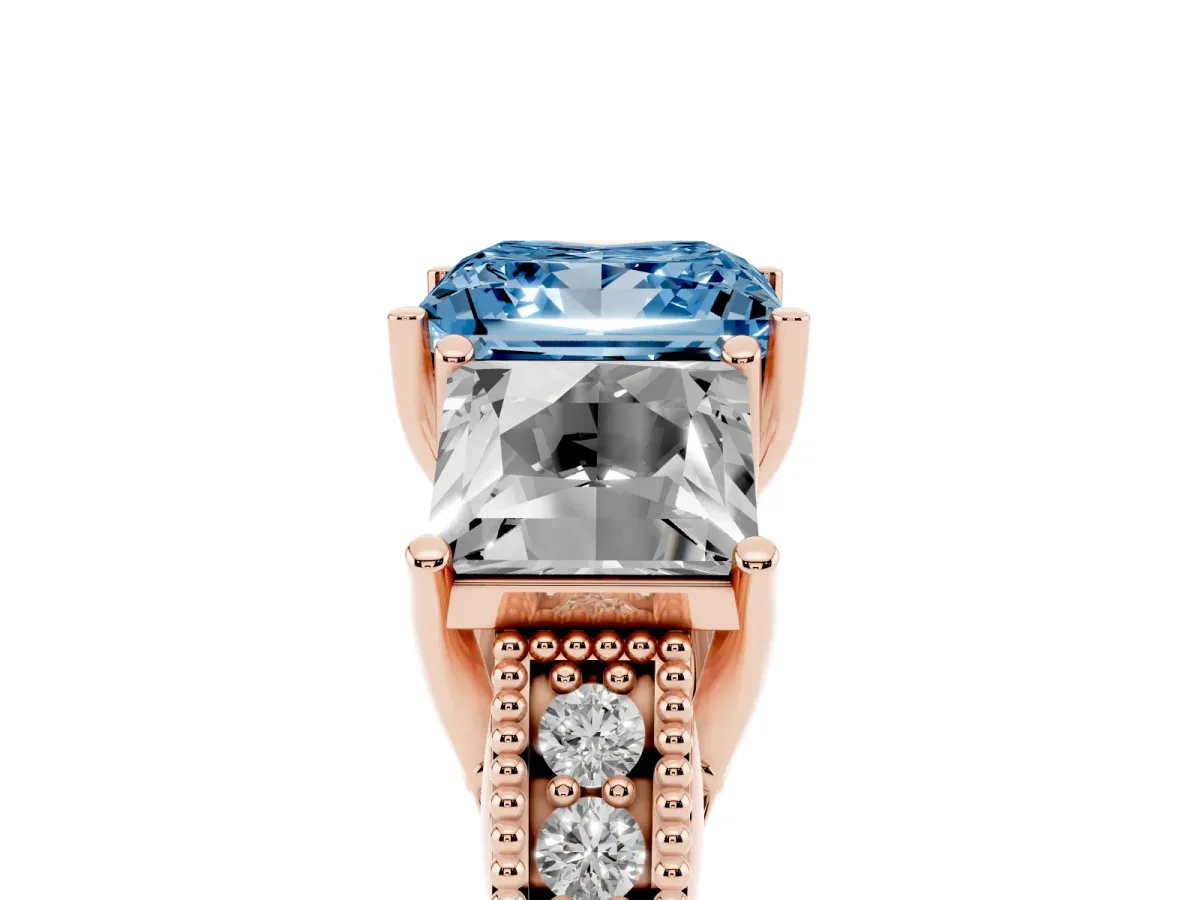 Fancy Blue Three-Stone Princess Cut Cut Milgrain Pavé Engagement Ring Rose gold