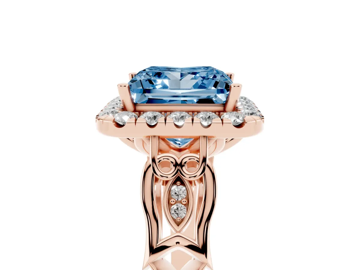Fancy Blue Princess Cut Halo Diamond Engagement Ring with Filigree Band and Four-Prong Setting Rose gold