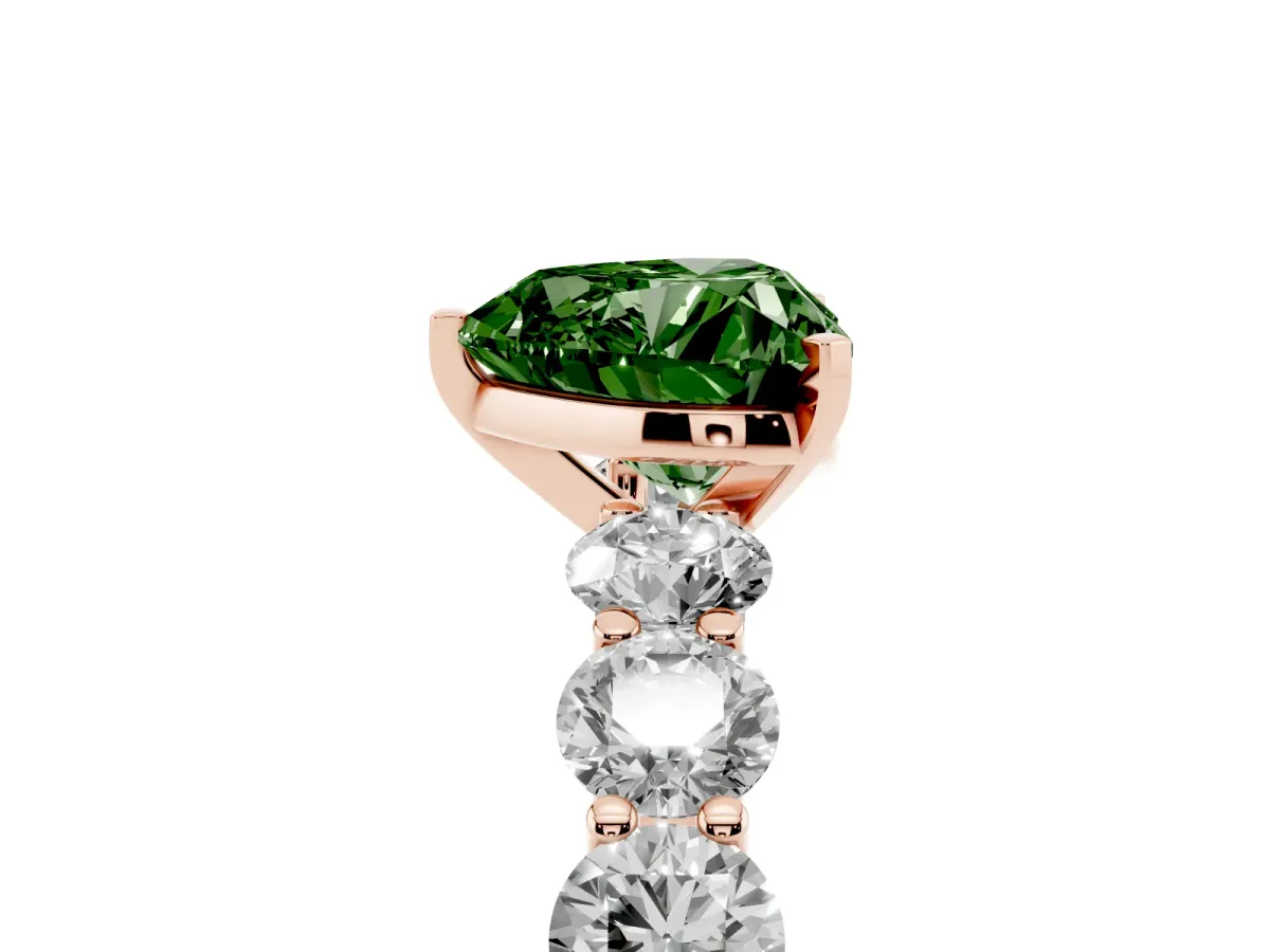 Fancy Green Heart Cut Diamond Prong Setting with Side Stones on a Pave Band Rose gold