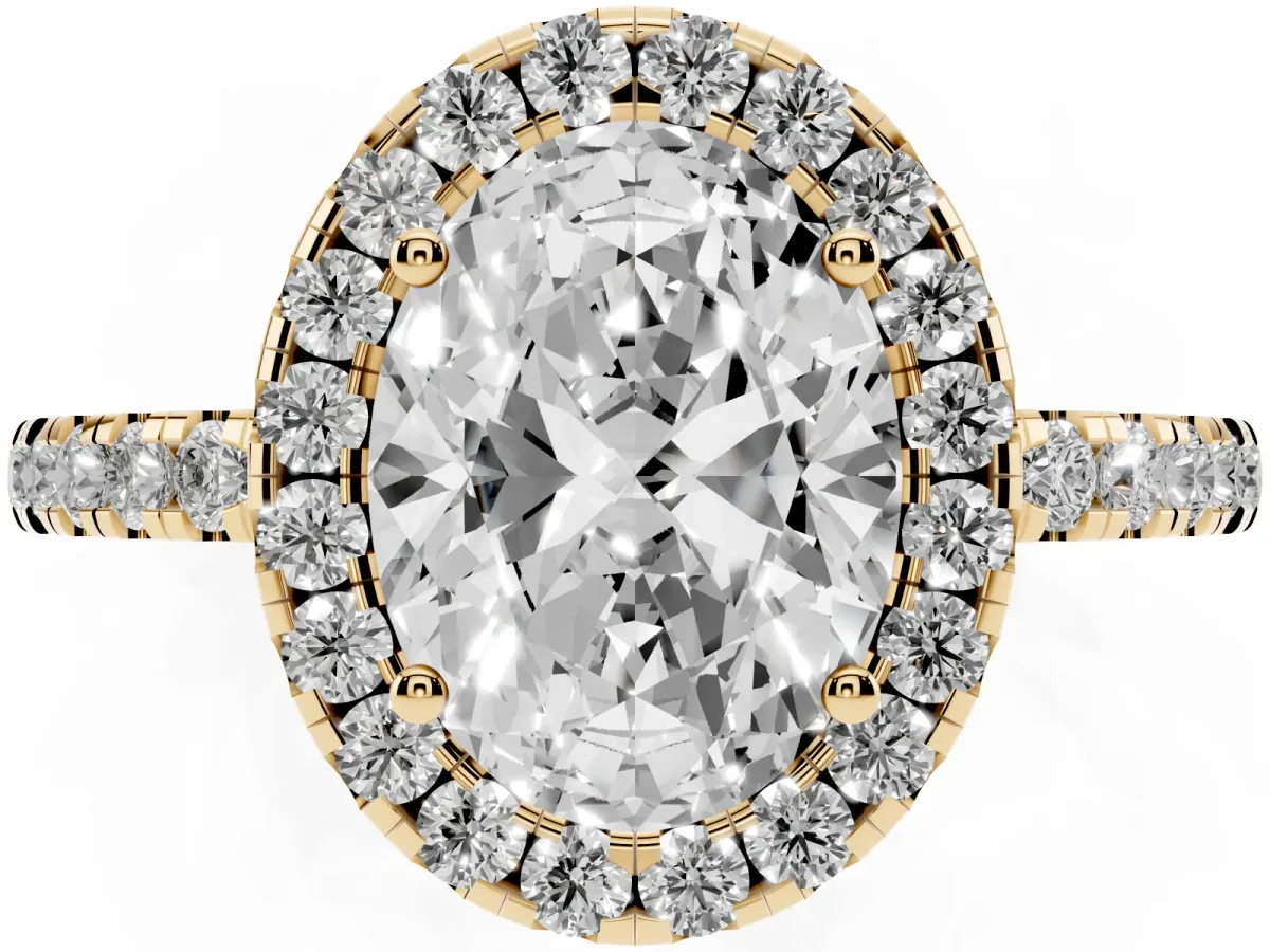 Oval Cut Halo Diamond Engagement Ring with Pavé Band and Four-Prong Setting Yellow gold