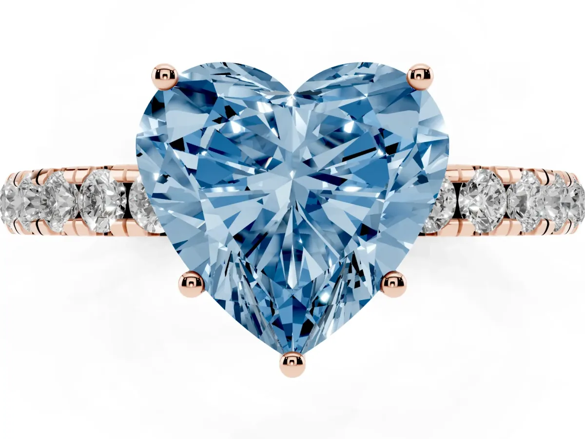 Fancy Blue Heart Cut Diamond Pavé Solitaire Engagement Ring with Four-Prong Setting Rose gold