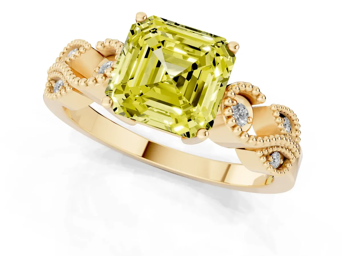 Fancy Yellow Asscher Cut Solitaire Milgrain Leaf Band with Prong Setting Yellow gold