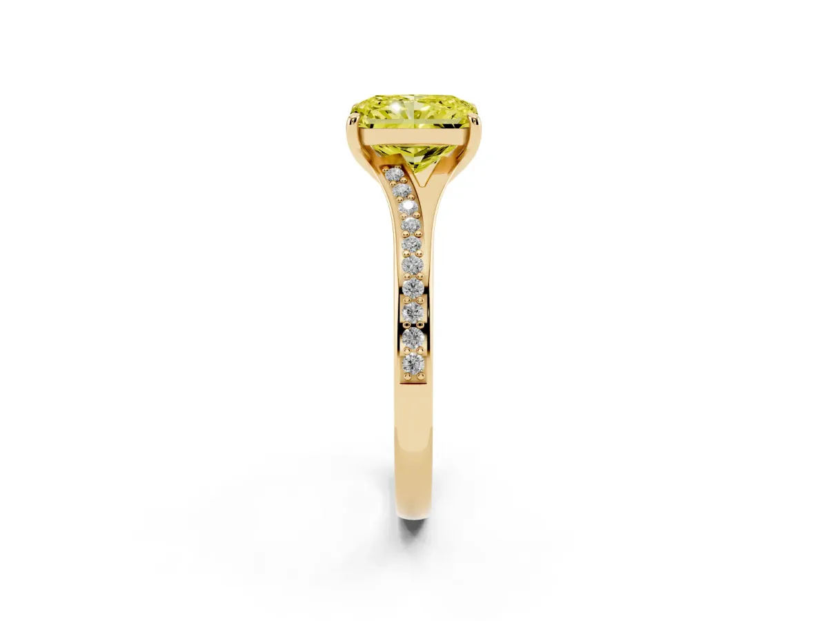 Fancy Yellow Radiant Cut Diamond Solitaire Ring with Pavé Band and Prong Setting Yellow gold