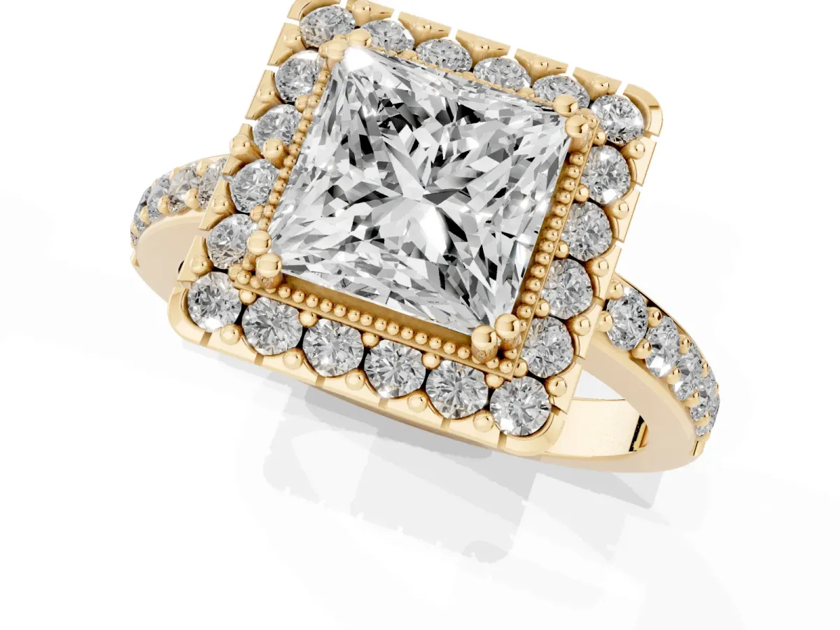 Princess Cut Diamond Halo Ring with Pavé Band and Prong Setting Yellow gold
