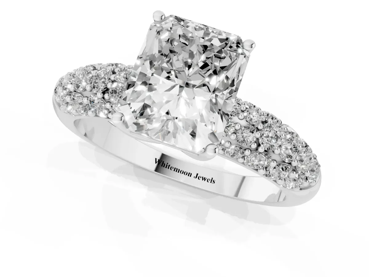 Radiant Cut Diamond Pavé Band Solitaire Ring with Four-Prong Setting Silver