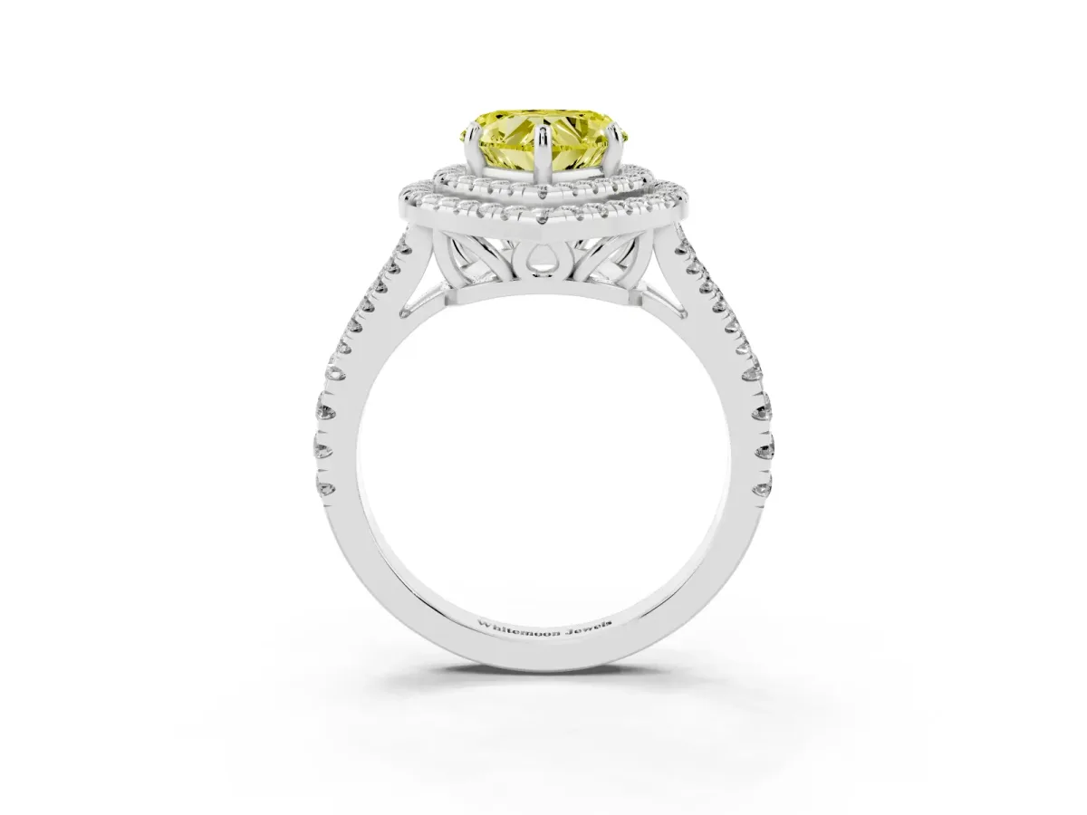 Fancy Yellow Heart Cut Diamond Double Halo Ring with Pavé Band and Prong Setting Platinum