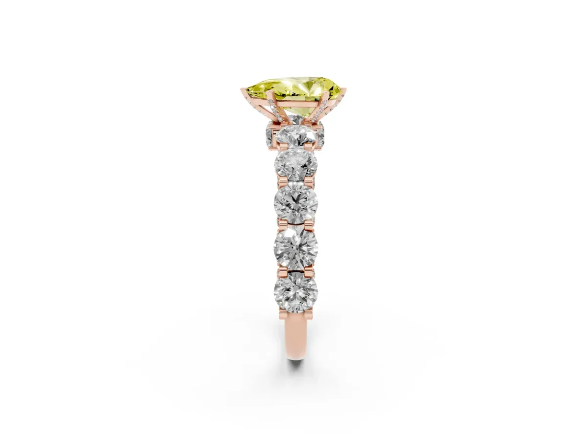 Fancy Yellow Pear Cut Diamond Side Stone Engagement Ring with Four-Prong Setting Rose gold