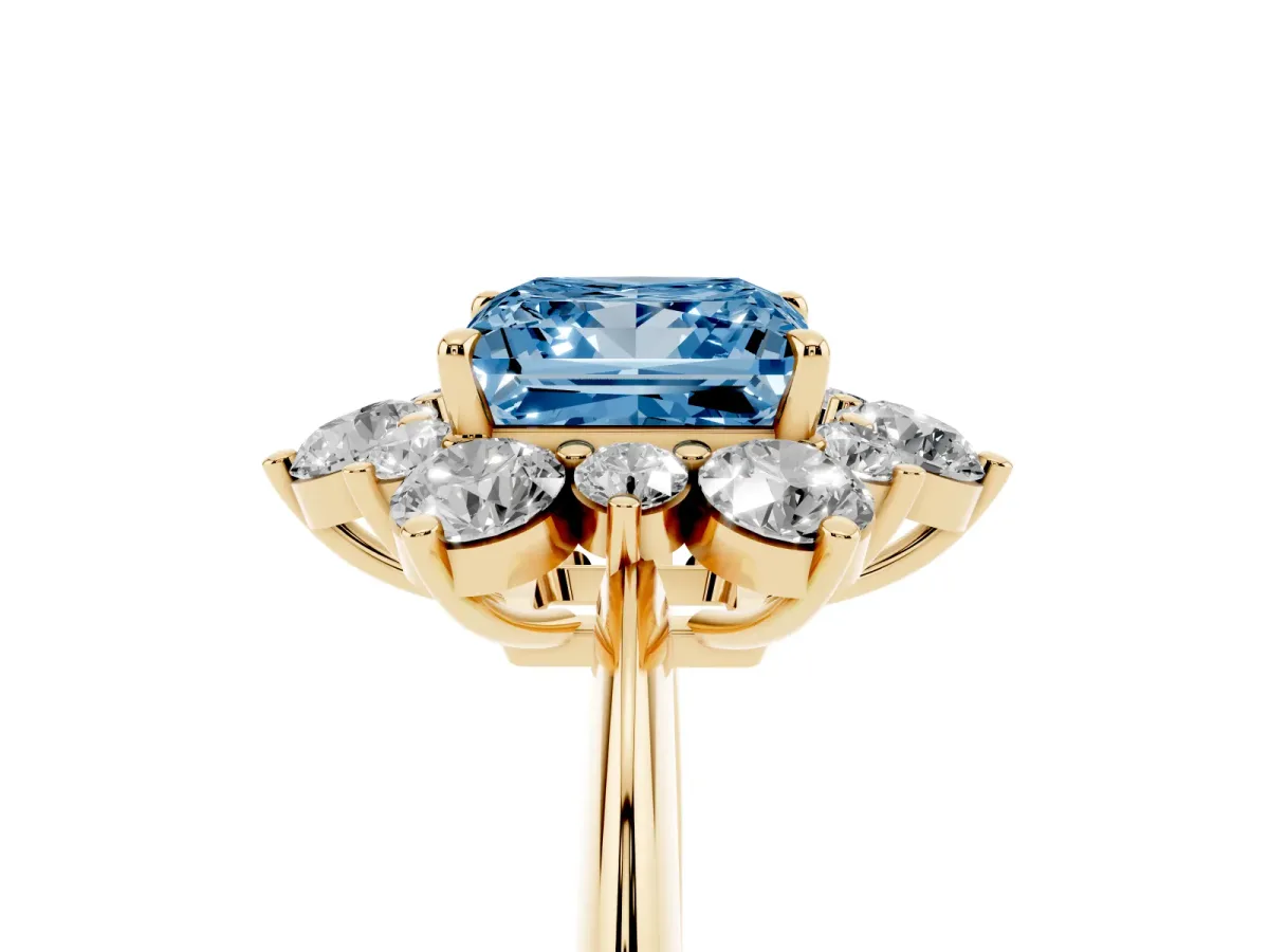 Fancy Blue Princess Cut Diamond Cluster Halo Ring with Solitaire Band and Four-Prong Setting Yellow gold