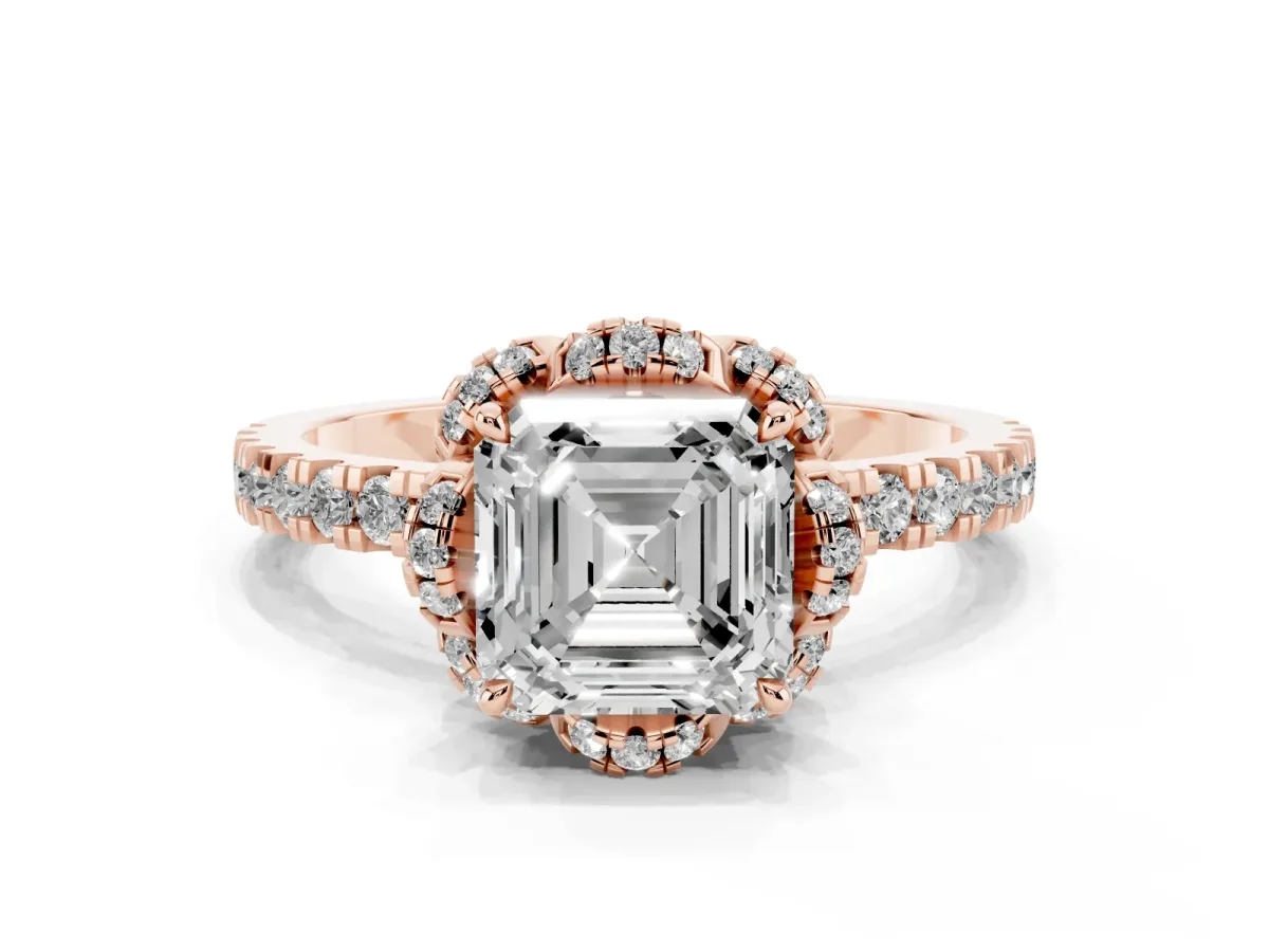 Asscher Cut Diamond Halo Pave Band with Four-Prong Setting Rose gold