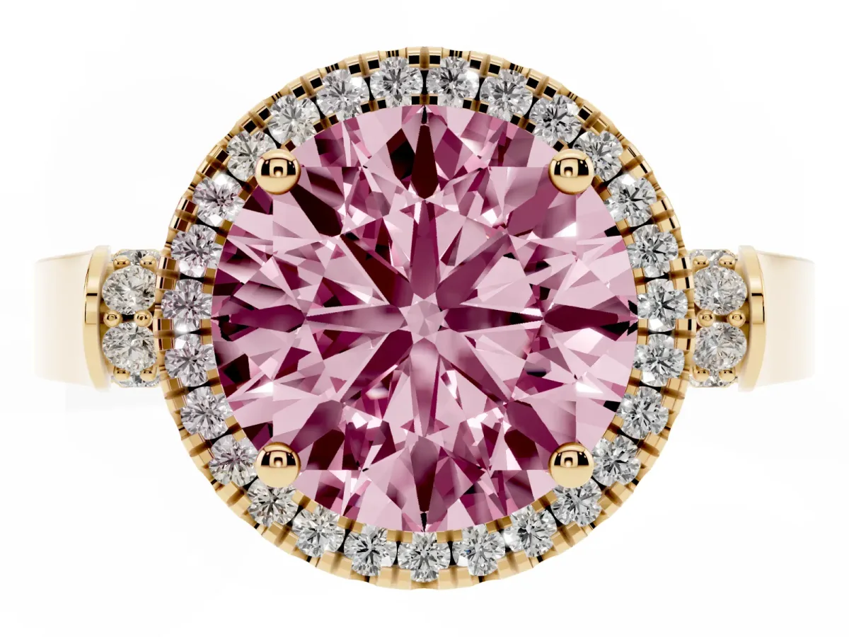 Fancy Pink Round Cut Halo Pave Split Shank Prong Setting Ring Yellow gold