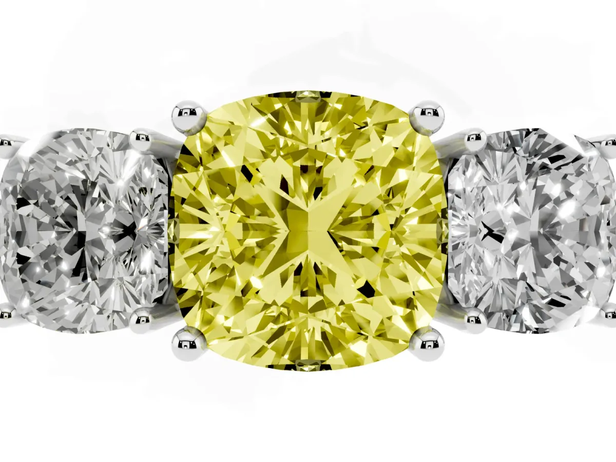 Fancy Yellow Three-Stone Cushion Cut Cut Diamond Engagement Ring with Prong Setting on a White Gold Band White gold