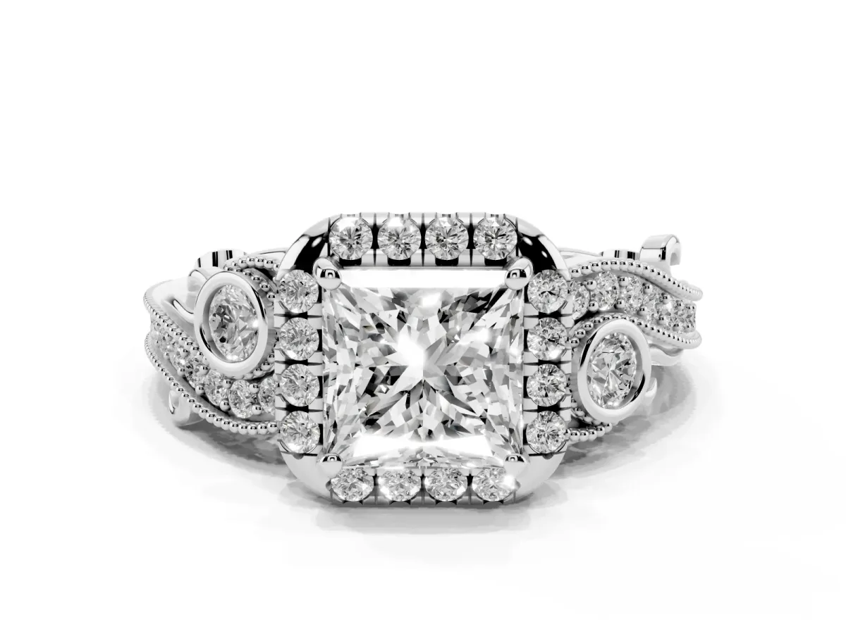 Princess Cut Diamond Halo Ring with Milgrain Pavé Band and Four-Prong Setting Silver