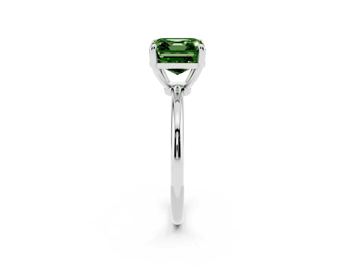 Fancy Green Asscher Cut Solitaire Diamond Ring with 4-Prong Setting on a Classic Band Silver