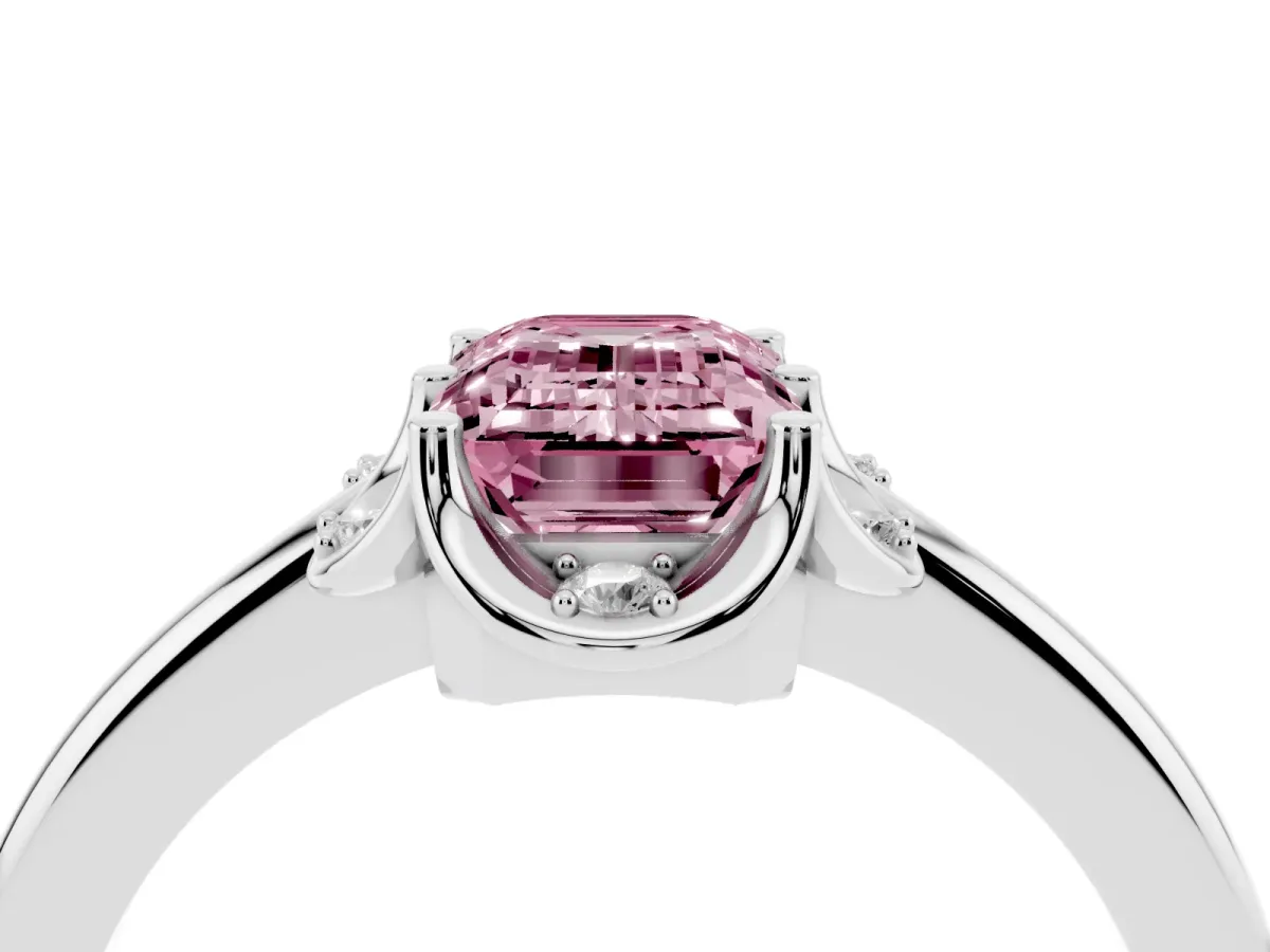 Fancy Pink Emerald Cut Halo Diamond Ring with Round Cluster Setting, Solitaire Band, and Four-Prong Setting Silver