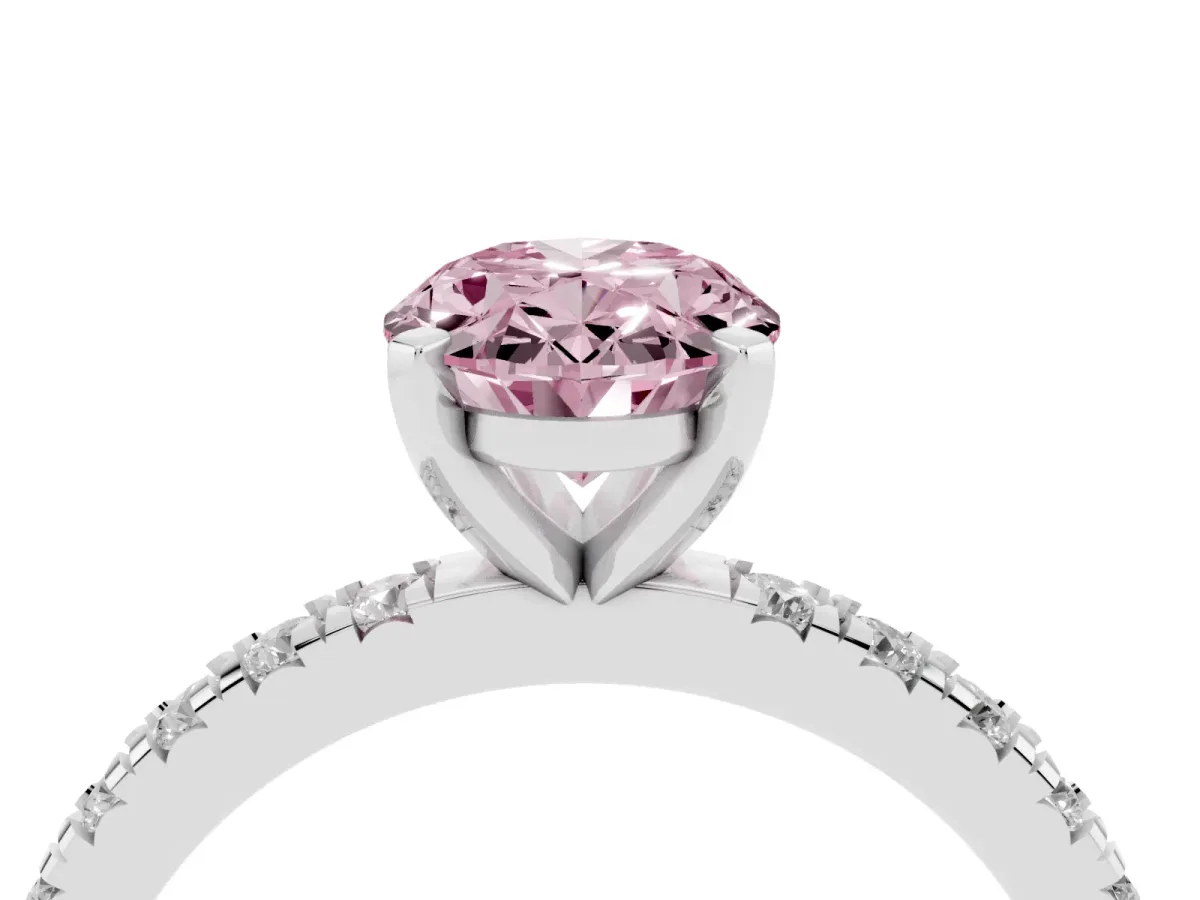 Fancy Pink Oval Cut Diamond Pavé Band Solitaire with Four-Prong Setting Platinum