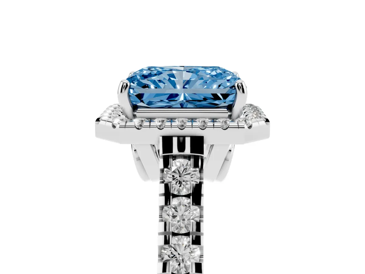 Fancy Blue Radiant Cut Halo Pavé Diamond Engagement Ring with Four-Prong Setting Silver