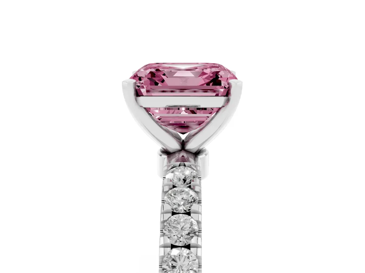 Fancy Pink Asscher Cut Diamond Solitaire Ring with Pavé Accents and Four-Prong Setting Platinum