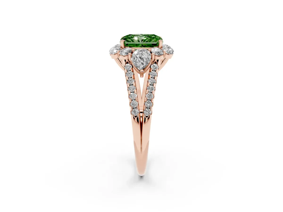 Fancy Green Radiant Cut Halo Split Shank Diamond Engagement Ring with Prong Setting Rose gold
