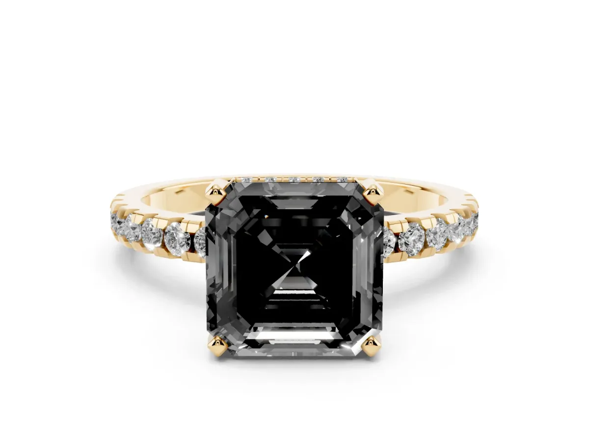 Fancy Black Asscher Cut Diamond Solitaire Ring with Round Pavé Band and Four-Prong Setting Yellow gold