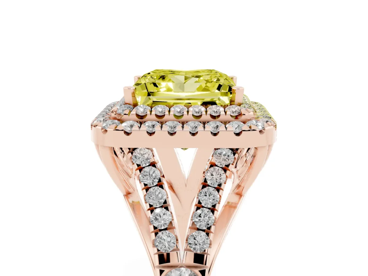 Fancy Yellow Princess Cut Diamond Double Halo Ring with Split Shank and Prong Setting Rose gold