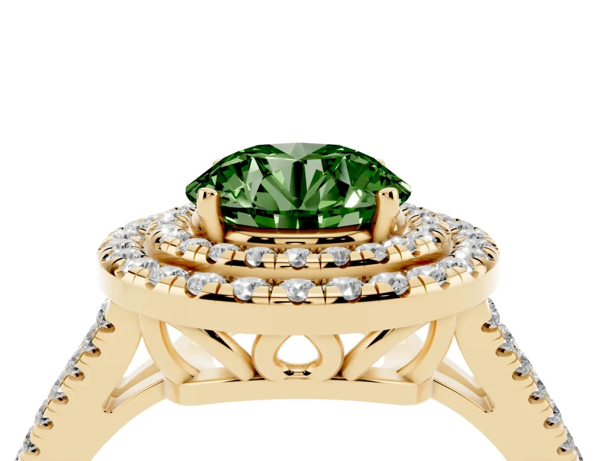 Fancy Green Round Cut Diamond Double Halo Ring with Pavé Band and Prong Setting Yellow gold