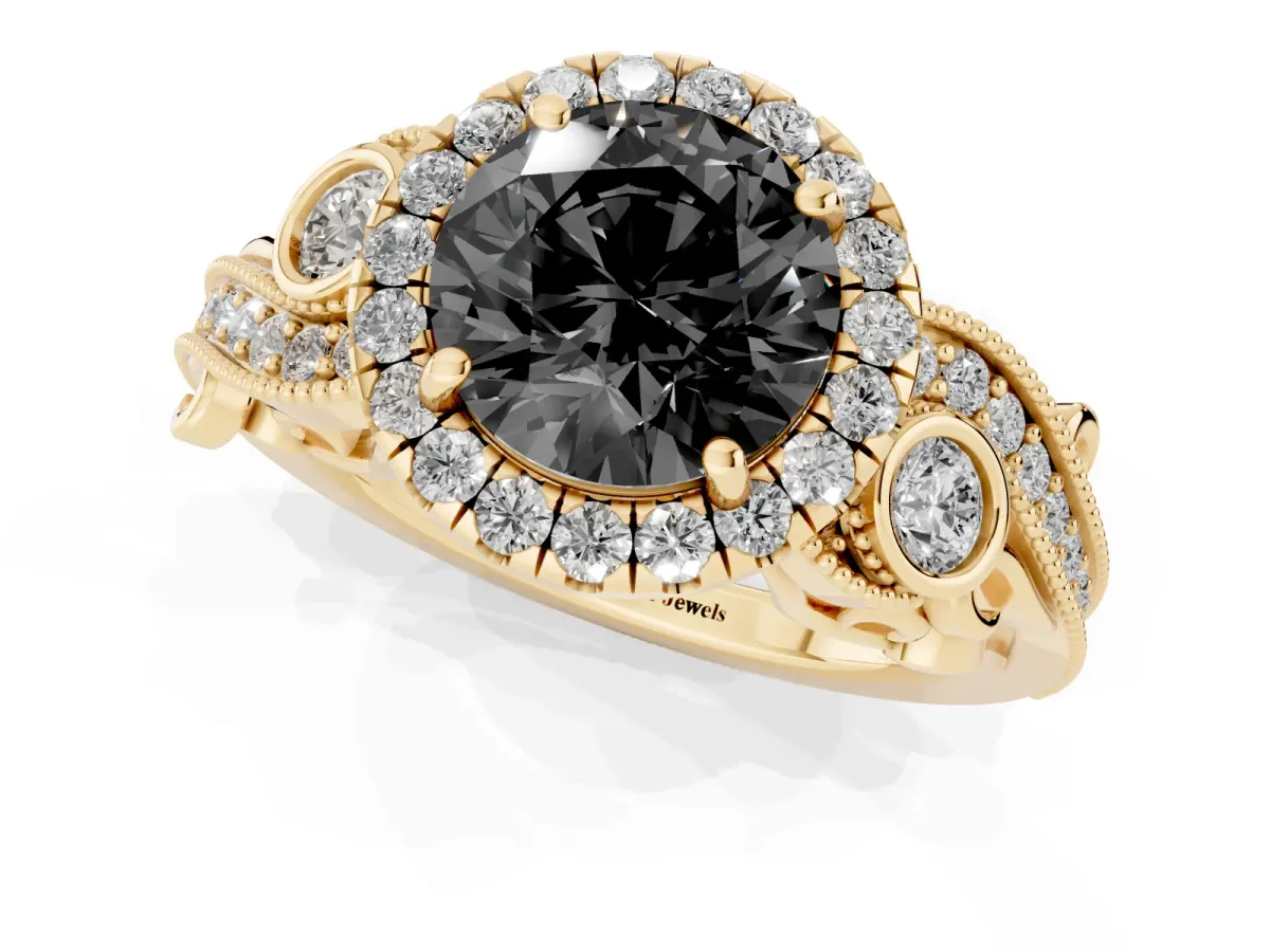 Fancy Black Round Cut Halo Diamond Ring with Milgrain and Bezel Accents on a Split Shank Band Yellow gold