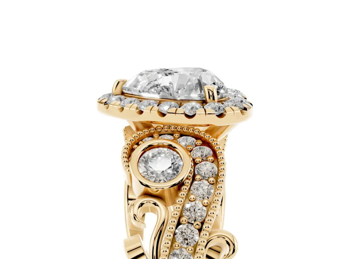Heart Cut Diamond Halo Ring with Milgrain Pavé Band and Four-Prong Setting Yellow gold
