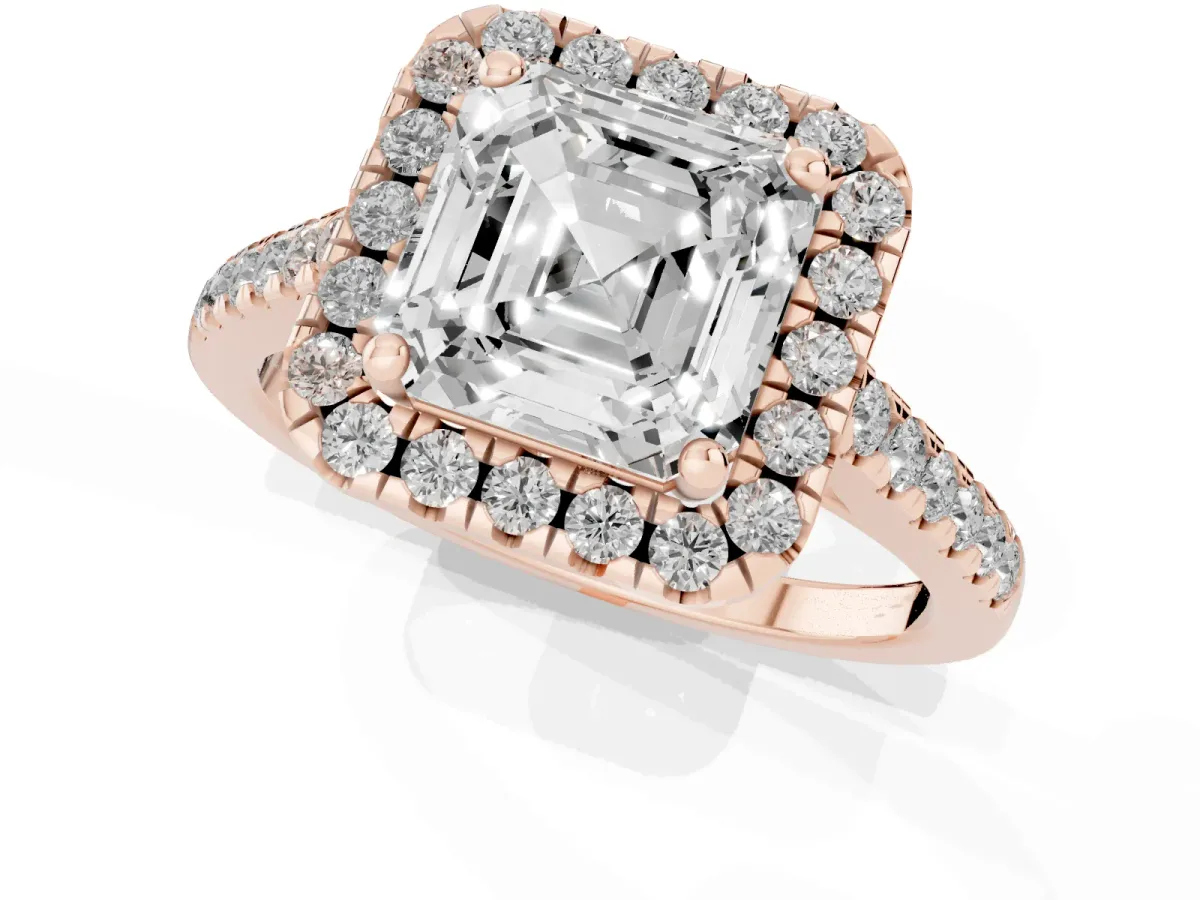 Asscher Cut Halo Pavé Diamond Engagement Ring with Four-Prong Setting Rose gold