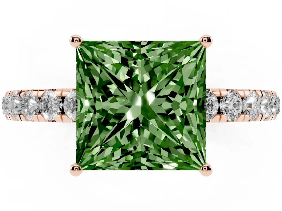 Fancy Green Princess Cut Diamond Pavé Solitaire Engagement Ring with Four-Prong Setting Rose gold