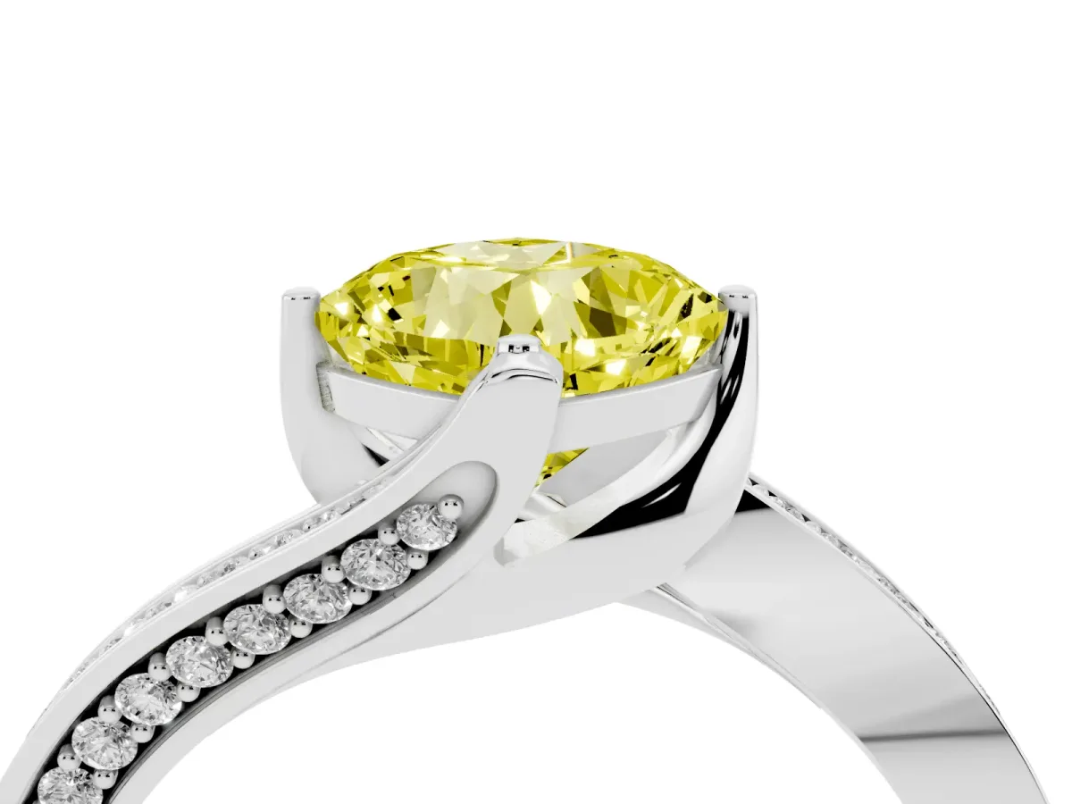Fancy Yellow Cushion Cut Solitaire Diamond Twist Band with Pavé Setting and Four-Prong Setting White gold