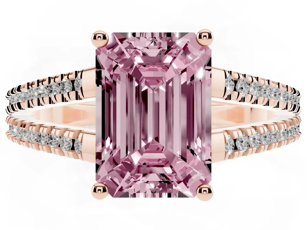 Fancy Pink Emerald Cut Diamond Solitaire Engagement Ring with Split Shank Pavé Band Rose gold