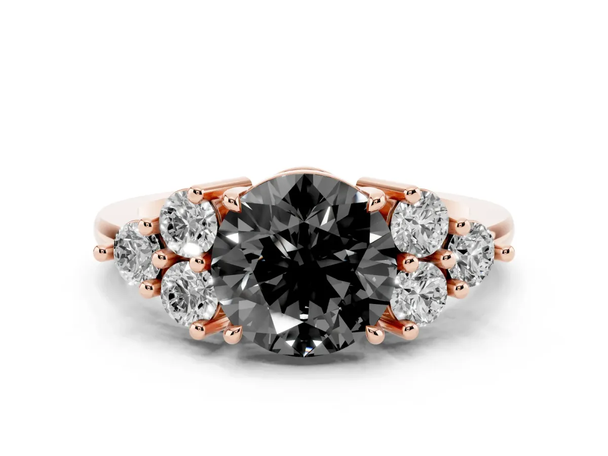 Fancy Black Round Cut Brilliant Diamond Cluster Accent Solitaire Ring with Prong Setting Rose gold