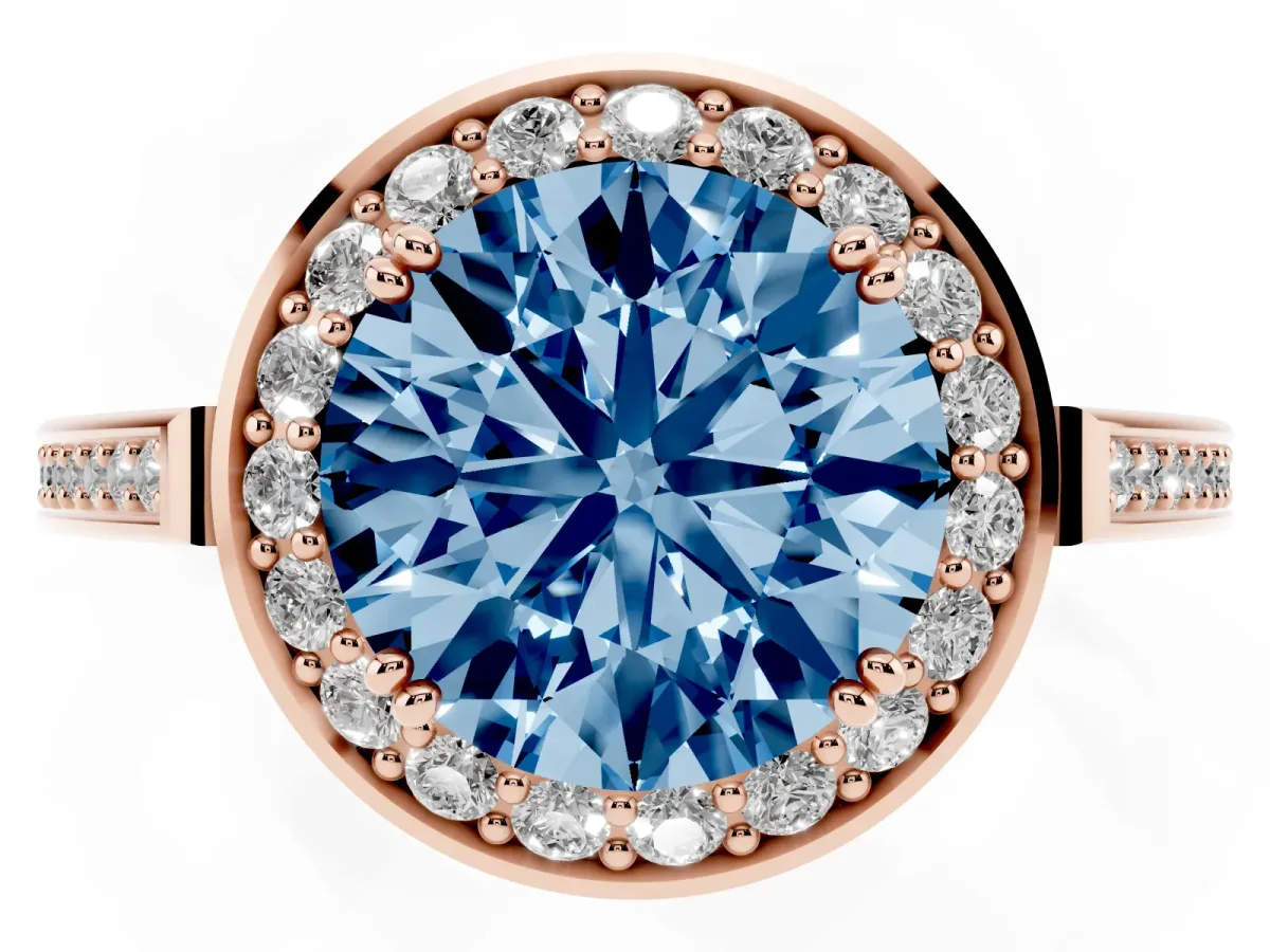 Fancy Blue Round Cut Diamond Halo Ring with Split Shank and Four-Prong Setting Rose gold