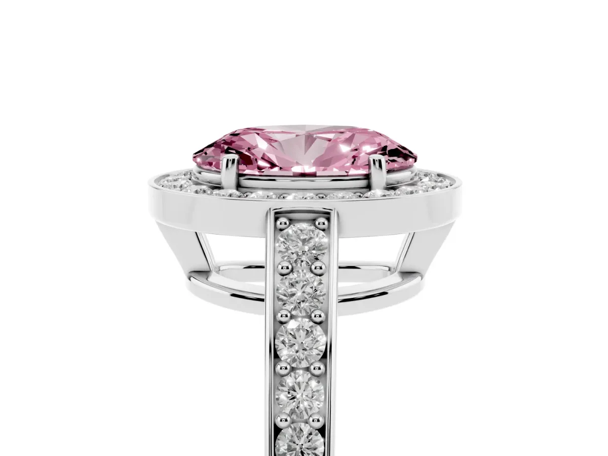 Fancy Pink Oval Cut Halo Pavé Diamond Engagement Ring with Bezel Setting Silver