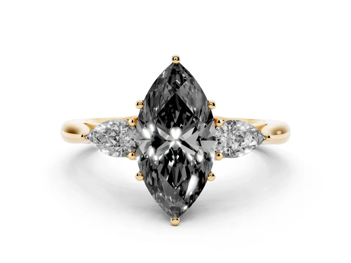 Fancy Black Three-Stone Marquise Cut Brilliant Diamond Solitaire Ring with Tapered Band and Four-Prong Setting Yellow gold