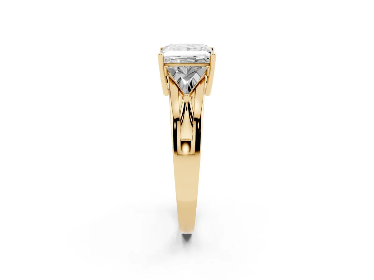 Three-Stone Princess Cut Cut Diamond Ring with Trillion Side Stones on a Split Shank Band Yellow gold
