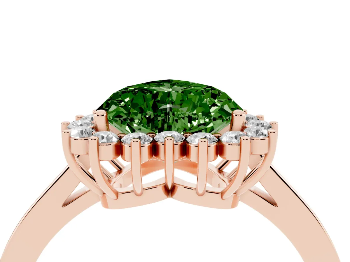 Fancy Green Heart Cut Cut Diamond Halo Ring with Round Brilliant Halo and Solitaire Band Rose gold