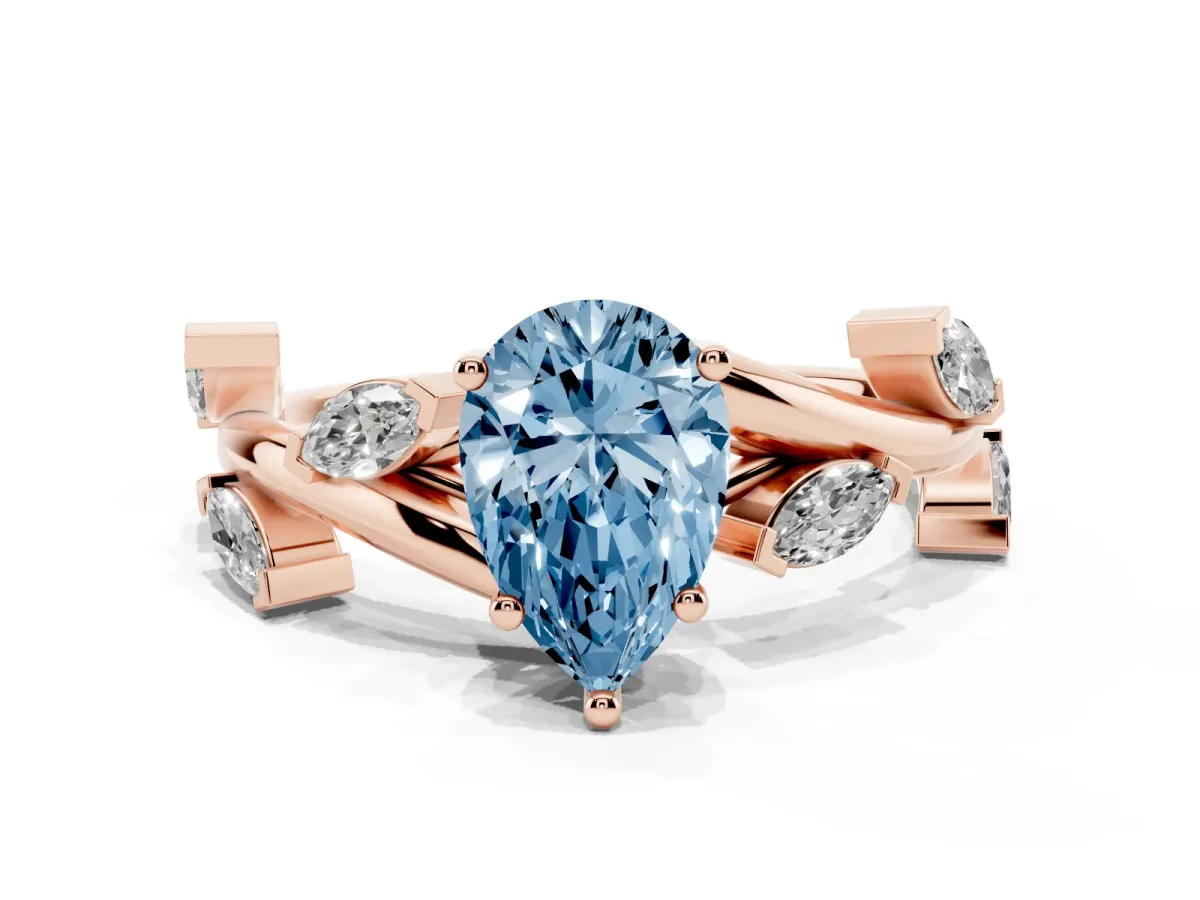 Fancy Blue Pear Cut Solitaire Twisted Band Marquise Accent Prong Setting Ring Rose gold