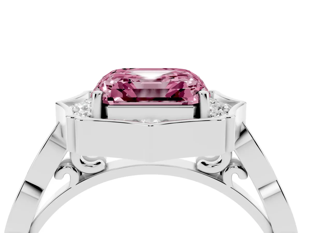 Fancy Pink Asscher Cut Halo Diamond Engagement Ring with Milgrain Band and Four-Prong Setting White gold