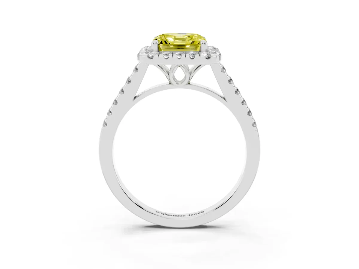 Fancy Yellow Asscher Cut Halo Pavé Diamond Engagement Ring with Four-Prong Setting Silver