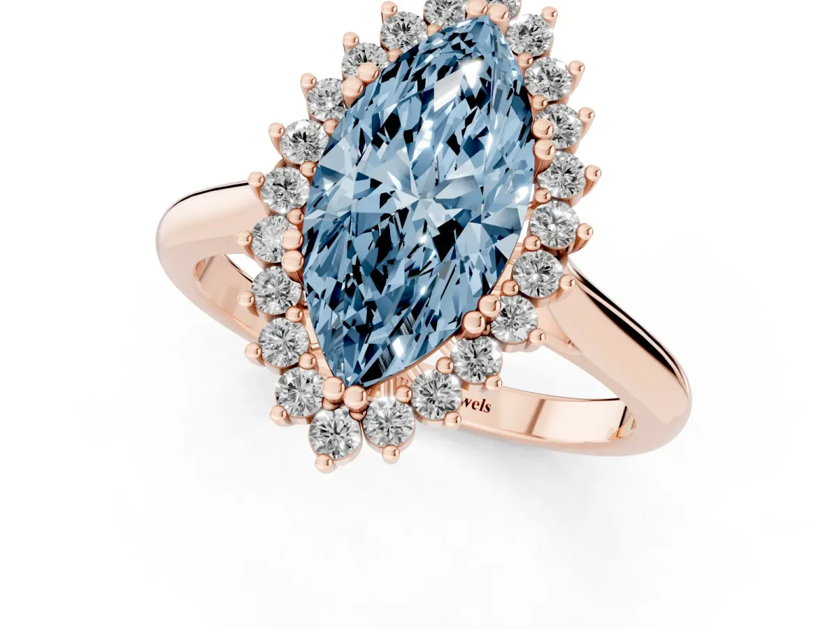 Fancy Blue Marquise Cut Cut Diamond Halo Ring with Solitaire Band and Prong Setting Rose gold