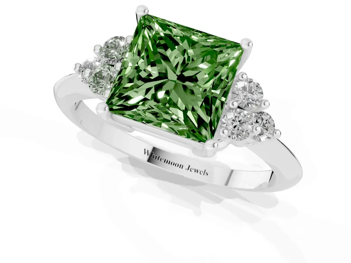 Fancy Green Princess Cut Cut Diamond Cluster Ring with Solitaire Band and Four-Prong Setting Silver