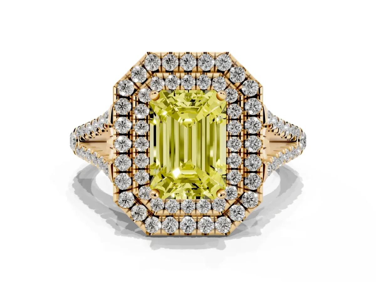Fancy Yellow Emerald Cut Diamond Double Halo Ring with Pavé Band and Prong Setting Yellow gold