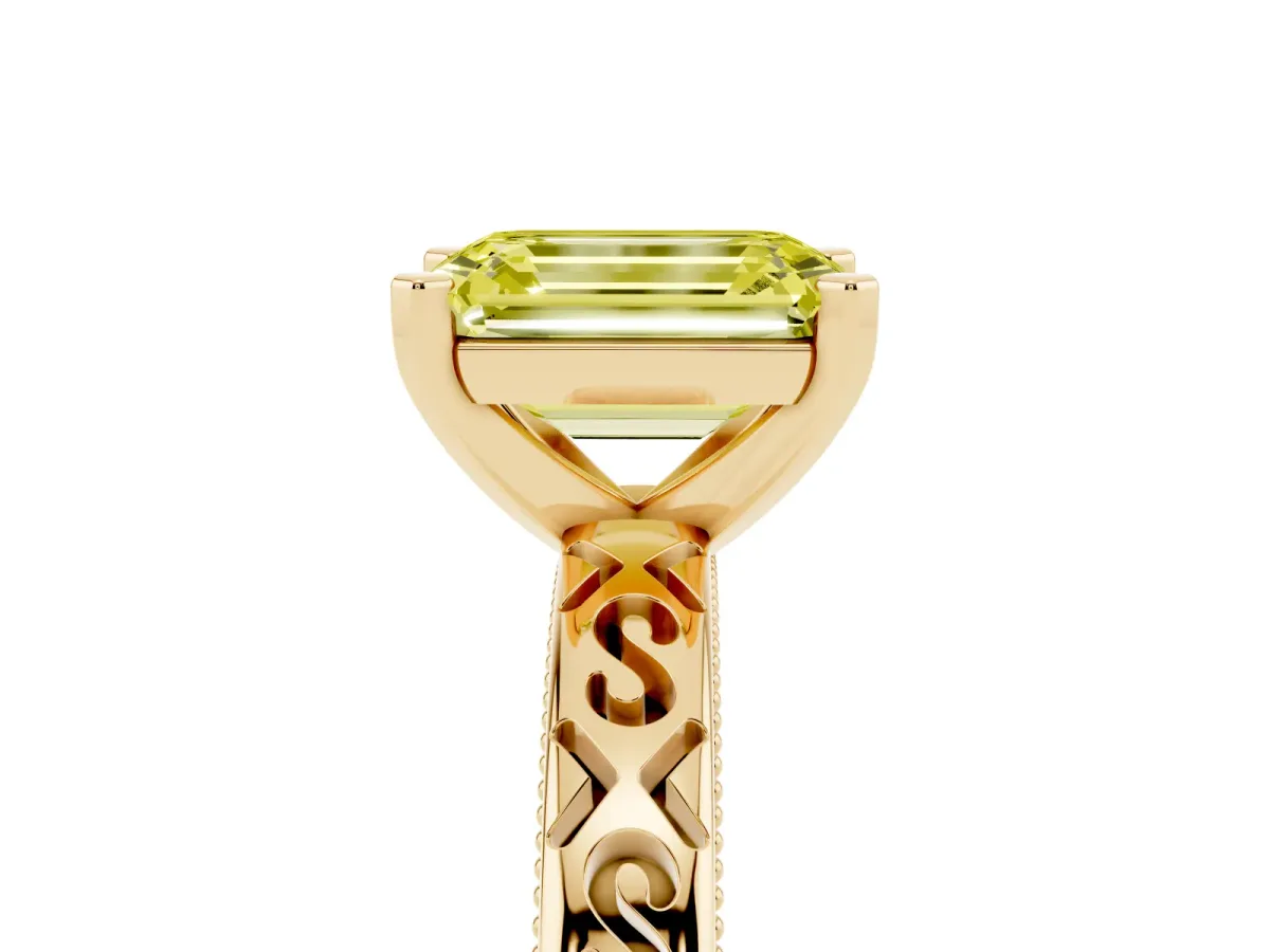 Fancy Yellow Emerald Cut Solitaire Engagement Ring with Scrollwork Band and Four-Prong Setting Yellow gold